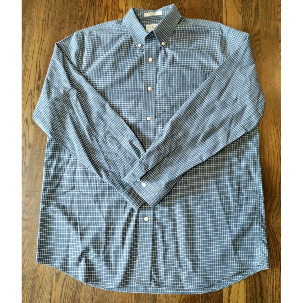 L.L Bean Button Down Shirt Men's Large Blue Plaid Wrinkle Resistant 100% Cotton
